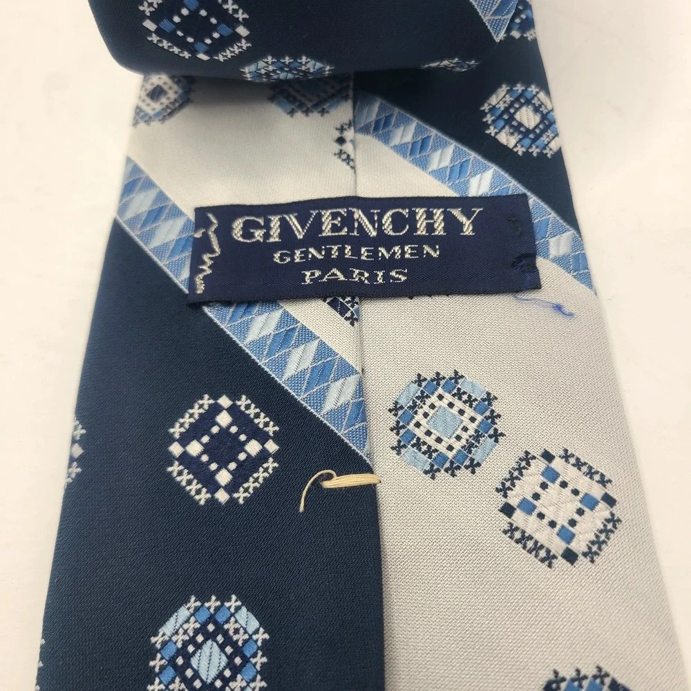 Vtg Givenchy Gentlemen Paris Necktie Blue White Geometric Folksy Nordic Pattern